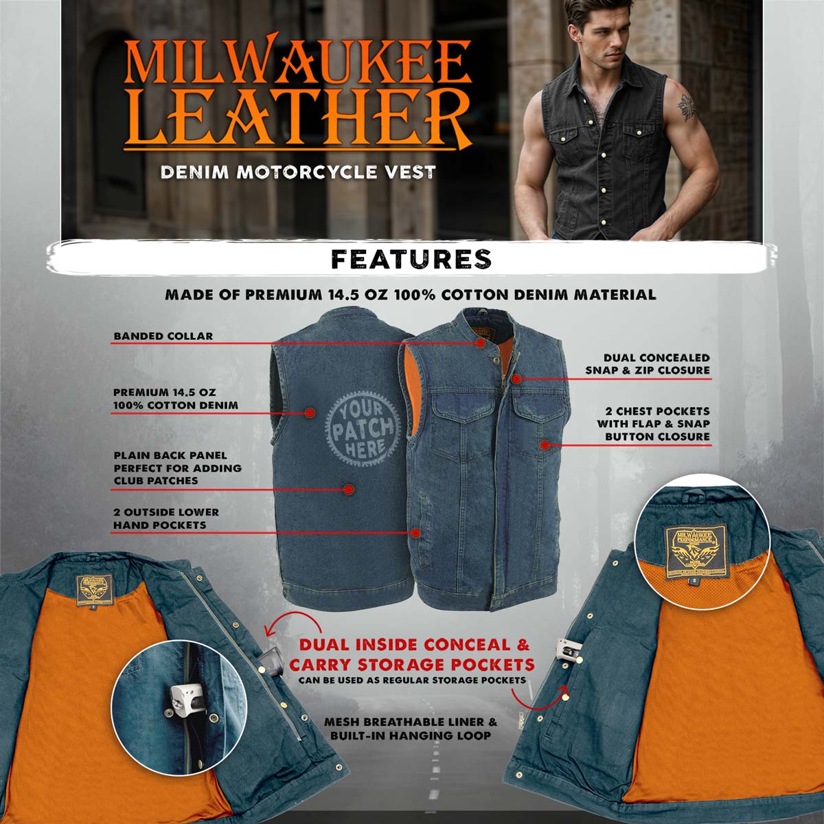 Milwaukee Leather MDM3000 Men's 'Brute' Concealed Snap Black Denim