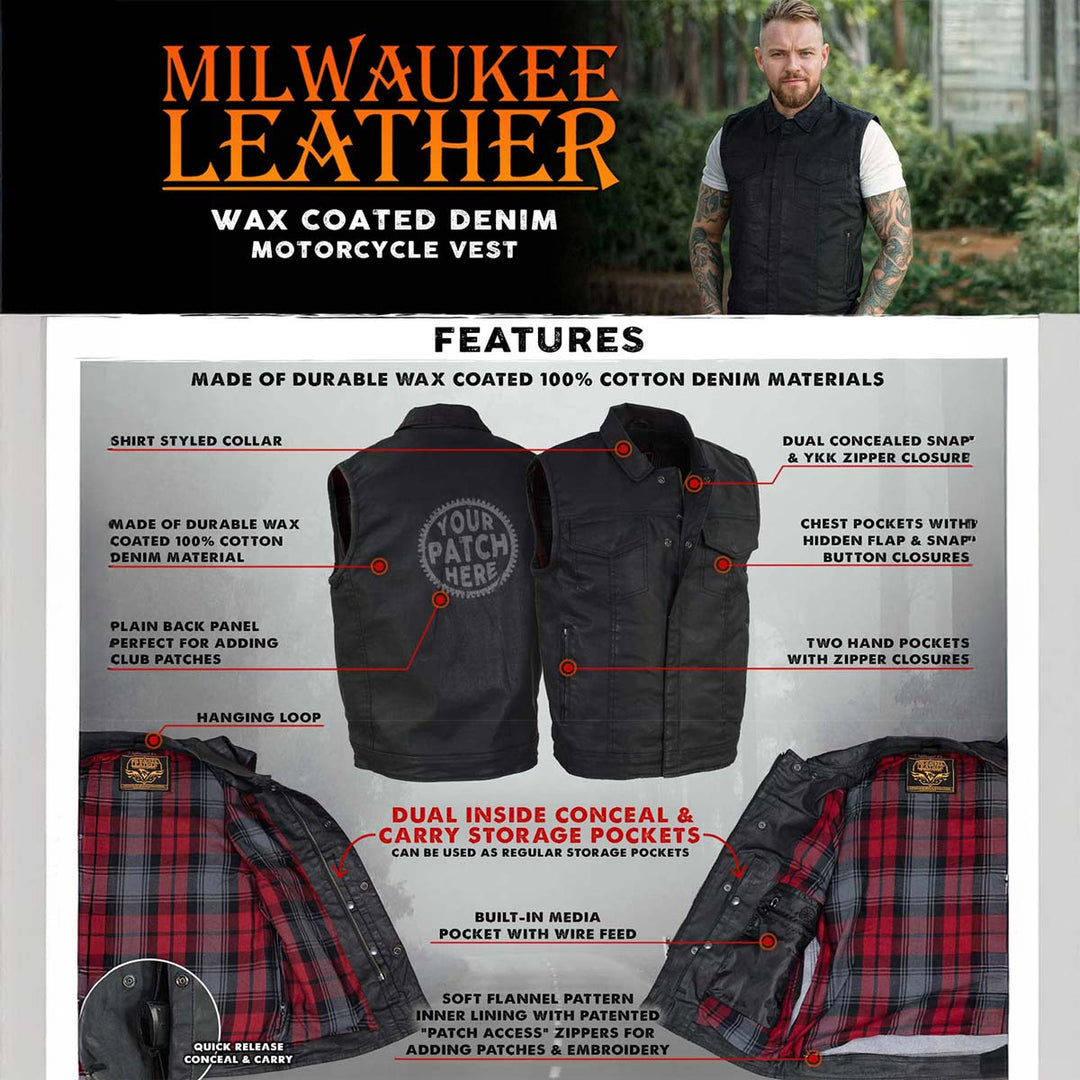 Milwaukee Leather MDM3030 Men’s Black Waxy Coated Denim Club Style Motorcycle Rider Vest w/ Shirt Collar