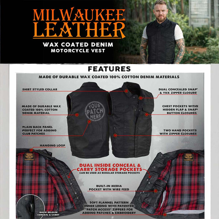 Milwaukee Leather MDM3030 Men’s Black Waxy Coated Denim Club Style Motorcycle Rider Vest w/ Shirt Collar
