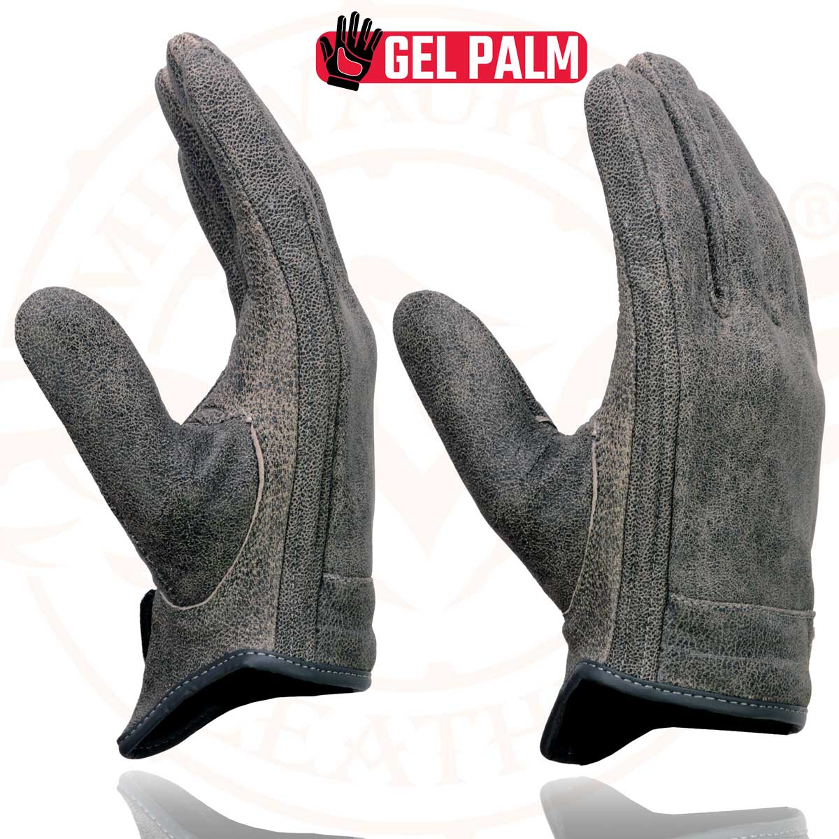 Milwaukee Leather MG7511 Men's Grey Leather Gel Padded Palm Short Wrist Motorcycle Hand Gloves W/ ‘Full Panel Cover’