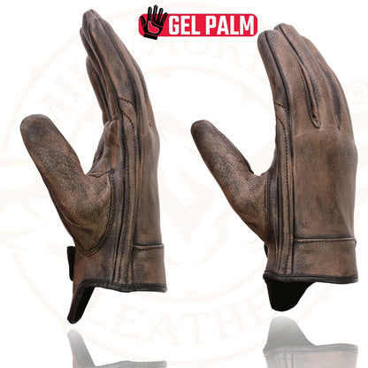 Milwaukee Leather MG7512 Men's Brown Leather Gel Padded Palm Short Wrist Motorcycle Hand Gloves W/ ‘Full Panel Cover’