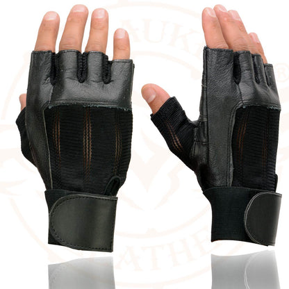 Milwaukee Leather MG7562 Men's Black Leather and Spandex Gel Padded Palm Fingerless Motorcycle Hand Gloves W/ Mesh Material