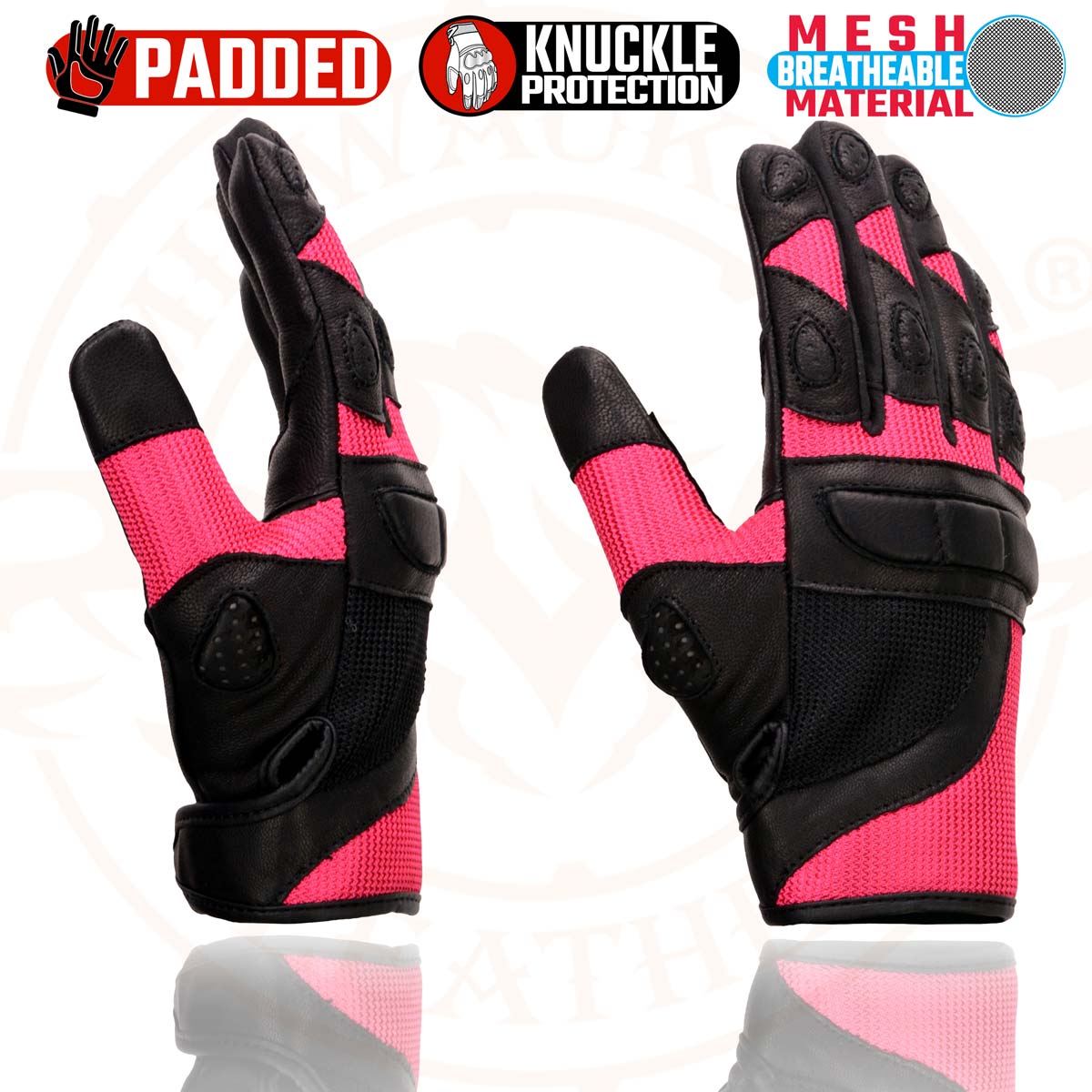 Milwaukee Leather MG7740 Women's Black Leather and Hot Pink Mesh Racing Motorcycle Gloves W/ Padded Knuckle and Fingers