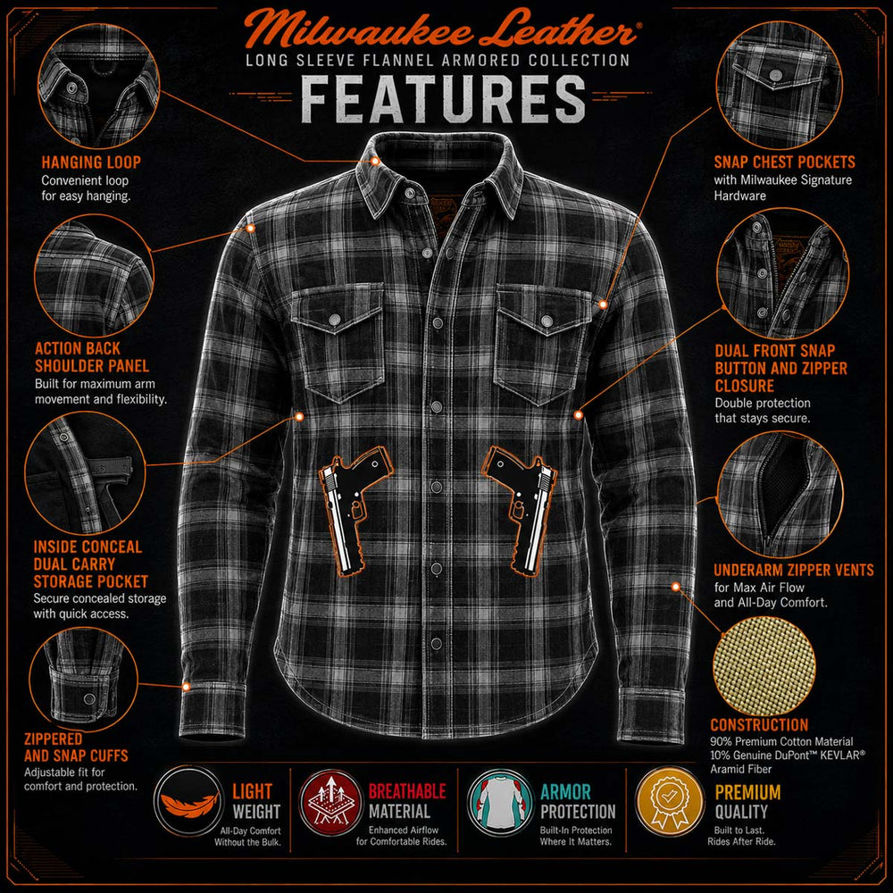 Milwaukee Leather MPM1657 Men's Plaid Flannel Biker Shirt with CE Approved Armor - Reinforced w/ Aramid Fiber