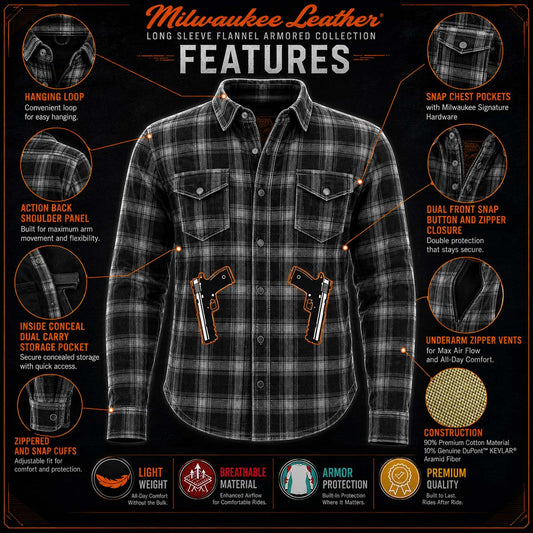 Milwaukee Leather MPM1656 Blue and Orange Flannel Biker Shirt for Men with CE Armor - Reinforced w/ Aramid Fiber