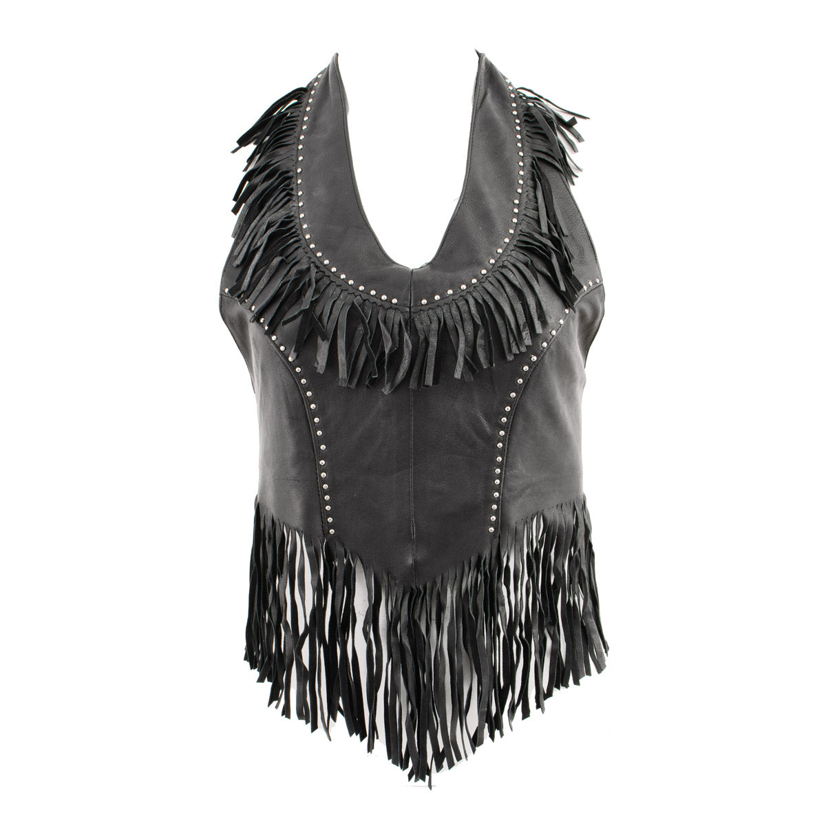 Genuine Leather ML1897 Ladies ‘Fringed’ Black Leather Halter Top