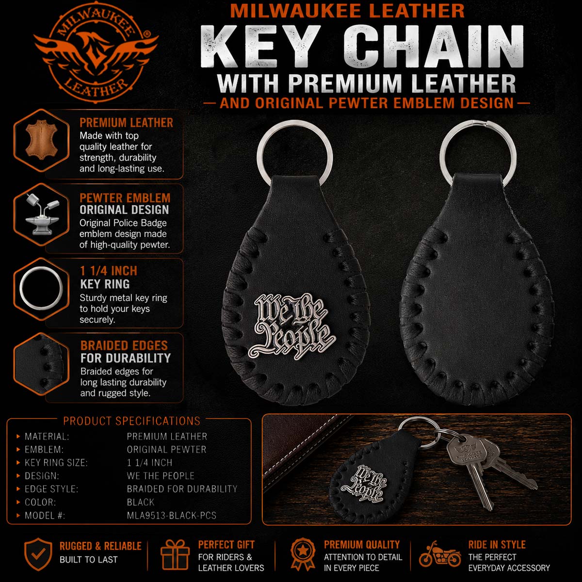 Milwaukee Leather Black Key Chain MLA9513