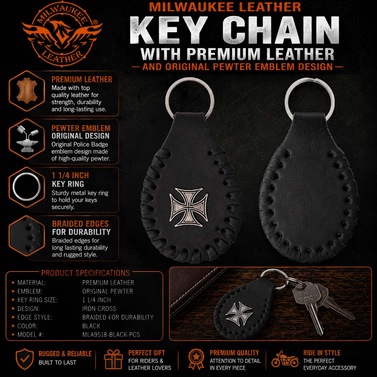 Milwaukee Leather Black Key Chain MLA9518