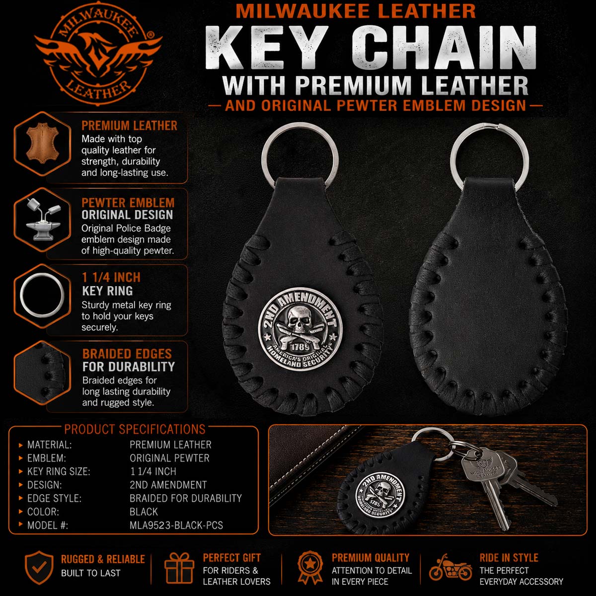 Milwaukee Leather Black Key Chain MLA9523