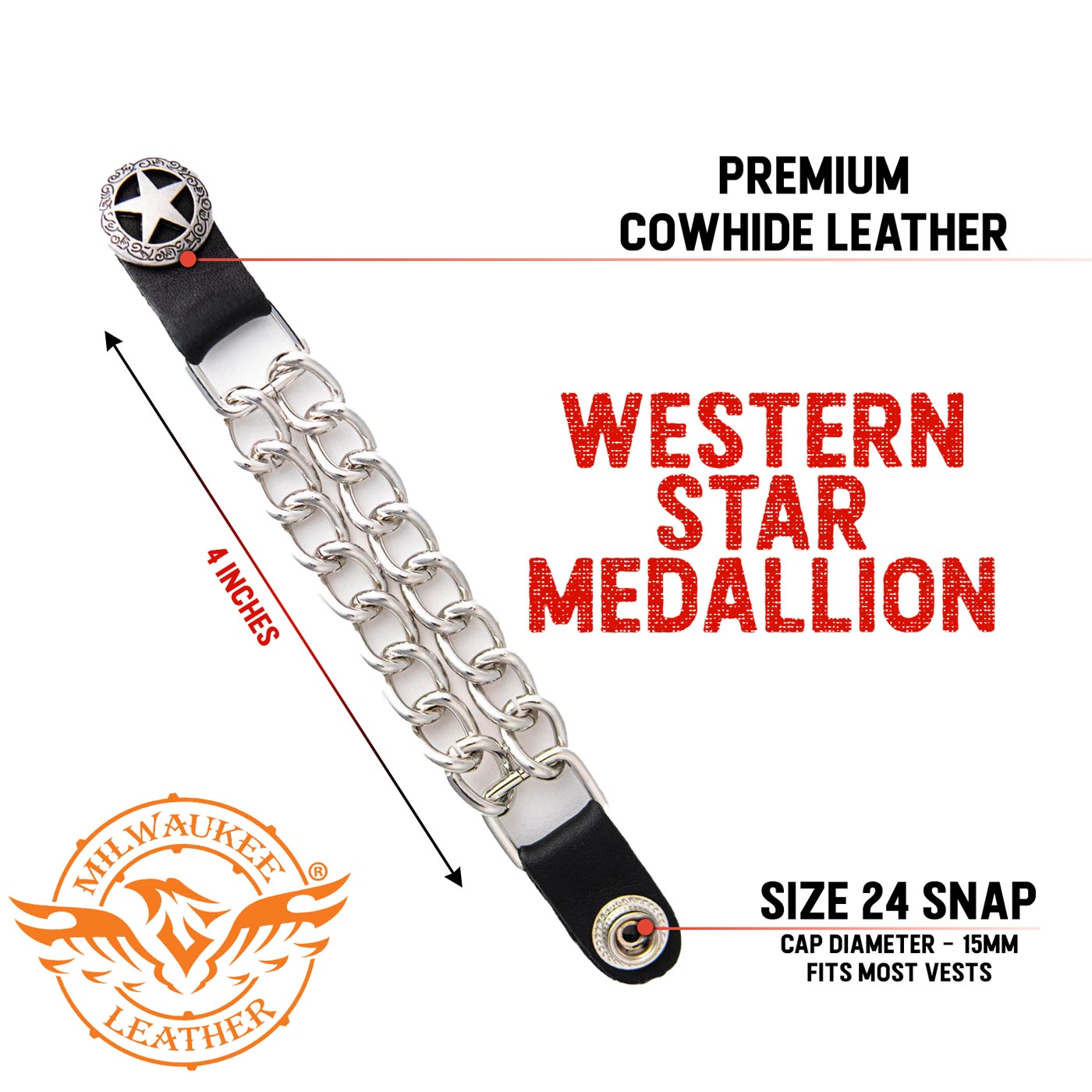 Milwaukee Leather Western Star Medallion Vest Extender - Double Chrome Chains Genuine Leather 6.5" Extension 4-PCS MLA6001SET