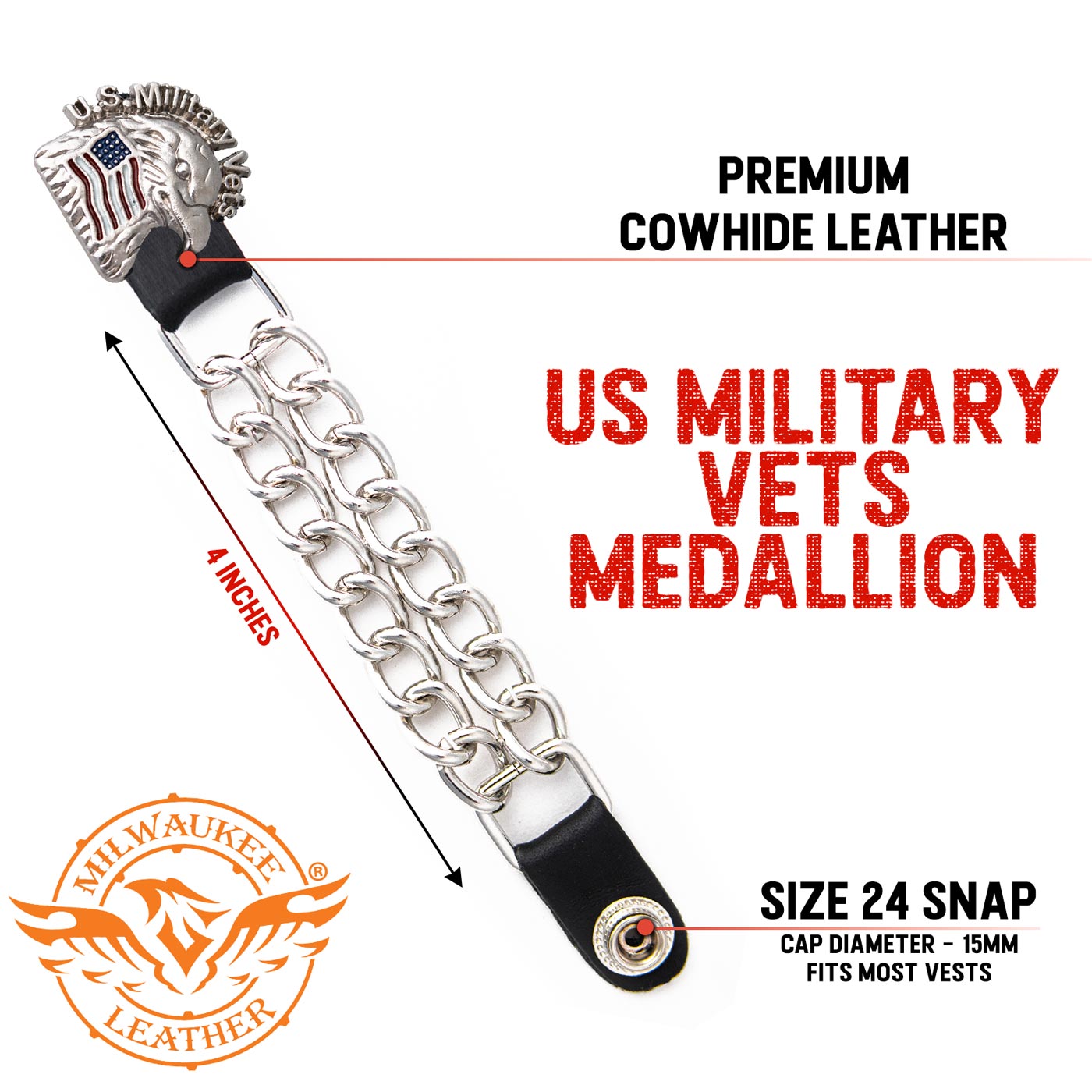 Milwaukee Leather US Military Vet Medallion Vest Extender - Double Chrome Chains Genuine Leather 6.5" Extension 4-PCS MLA6023SET