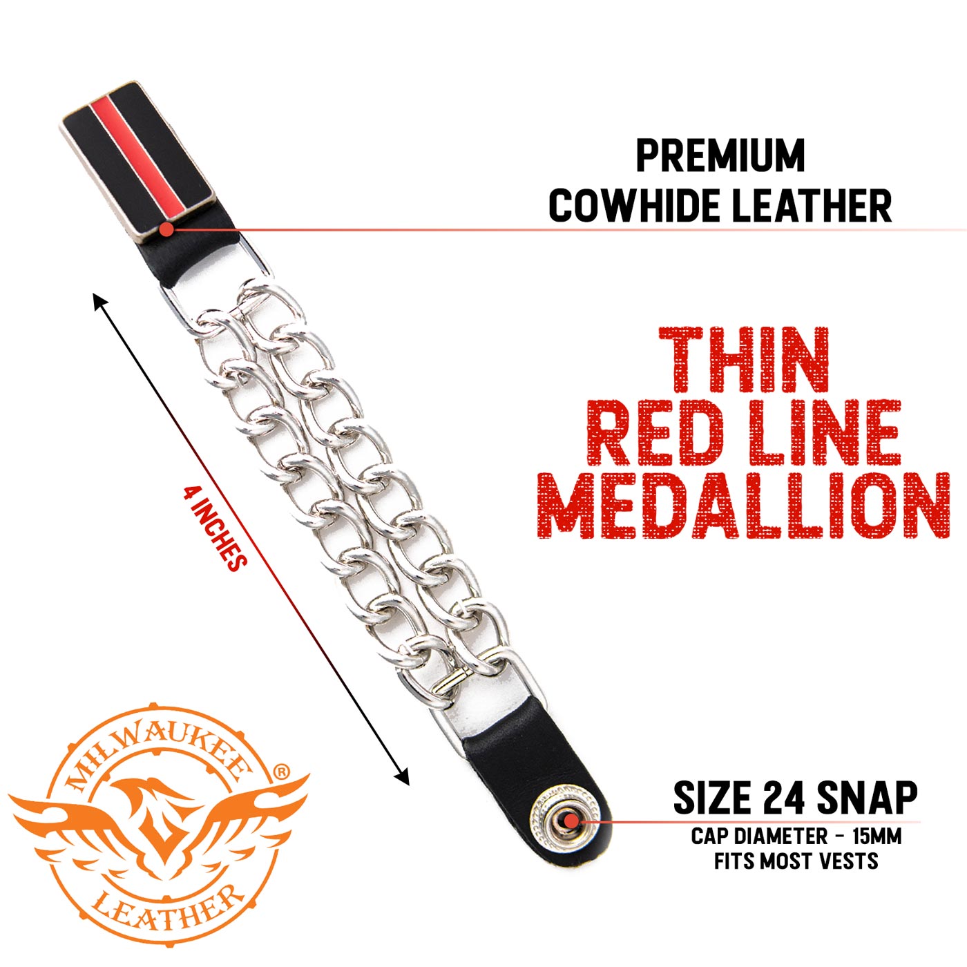 Milwaukee Leather Thin Red Line Medallion Vest Extender - Double Chrome Chains Genuine Leather 6.5" Extension 4-PCS MLA6028SET