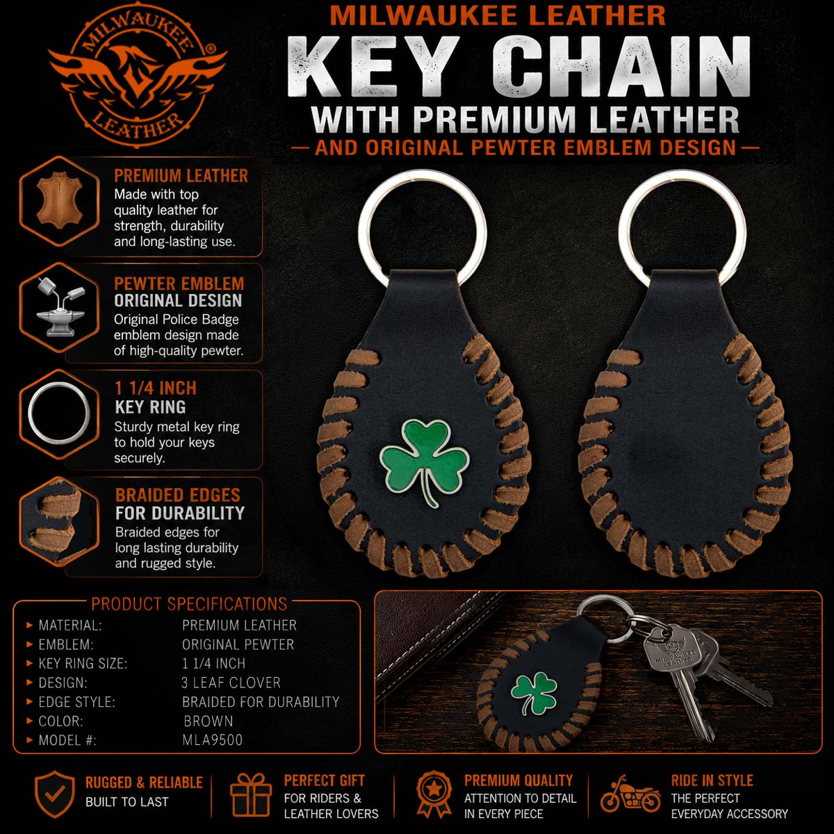 Milwaukee Leather Key Chain with Leather Original Pewter Emblem