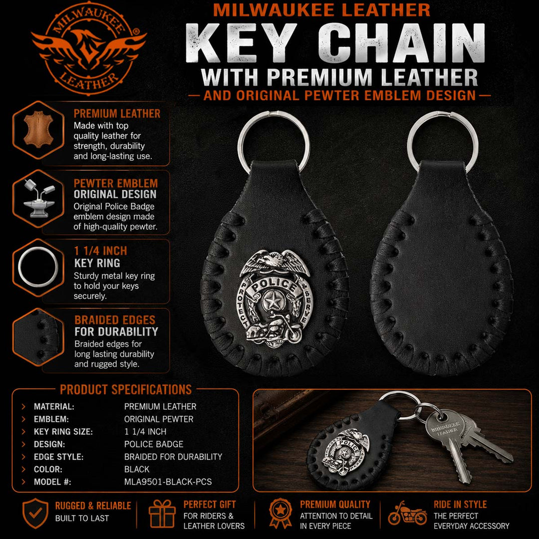 Milwaukee Leather Black Police Badge Pewter Emblem Key Chain - MLA9501