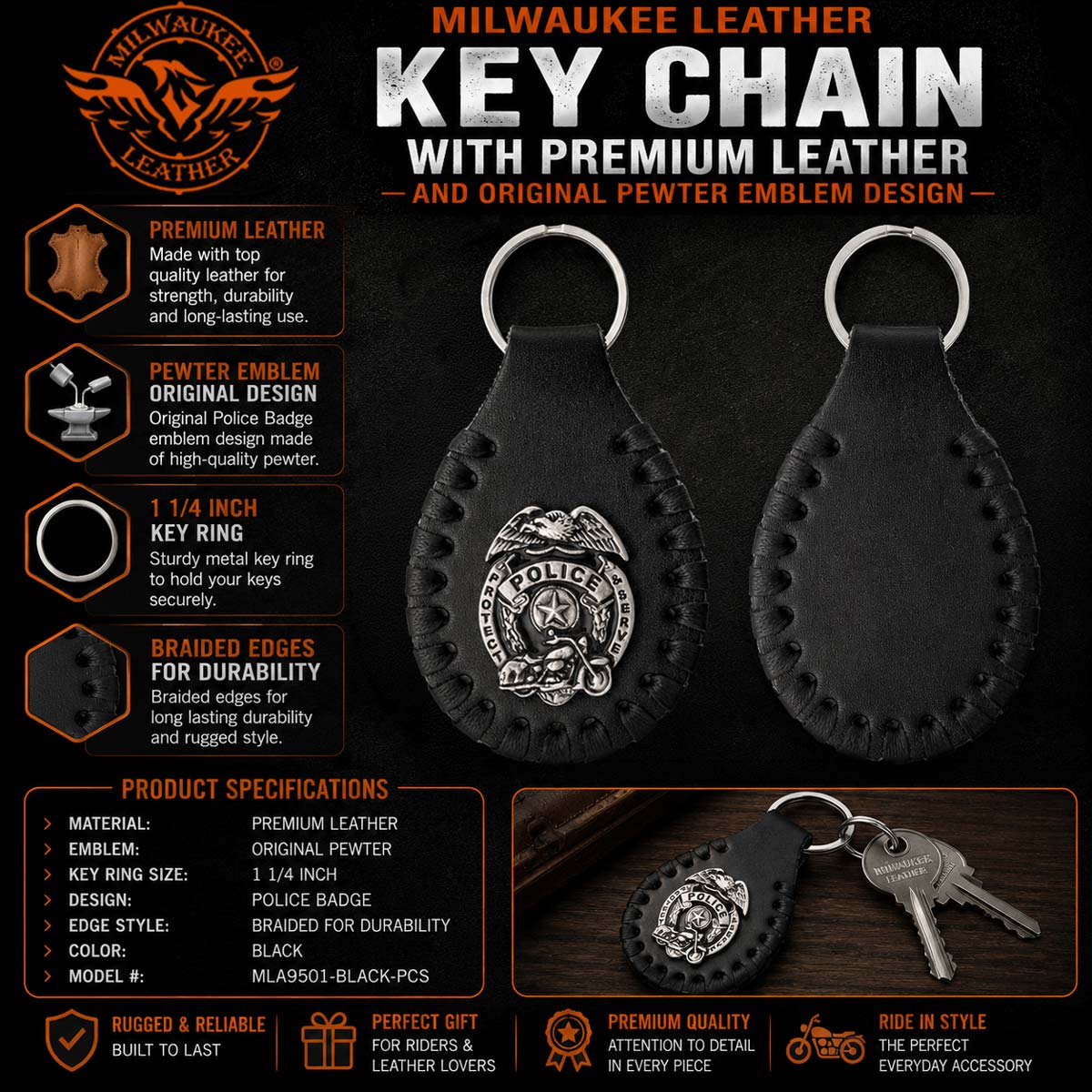 Milwaukee Leather Black Key Chain MLA9501