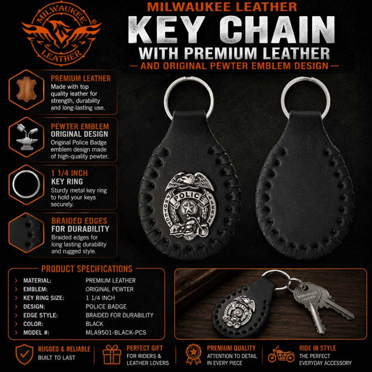 Milwaukee Leather Black Police Badge Pewter Emblem Key Chain - MLA9501