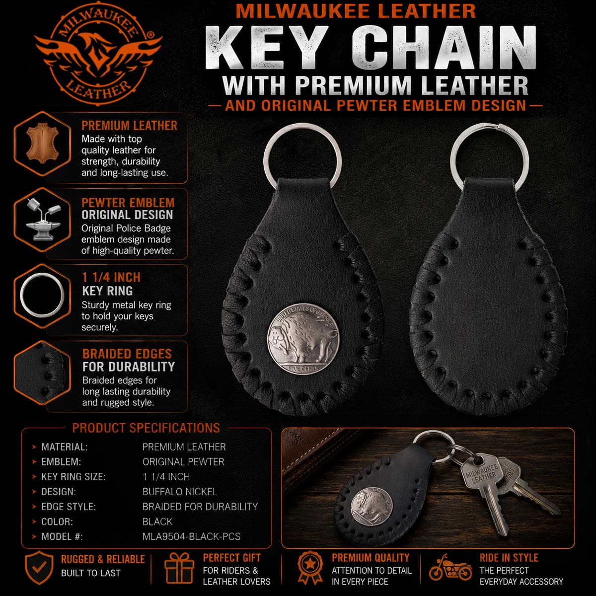 Milwaukee Leather Black Key Chain MLA9504