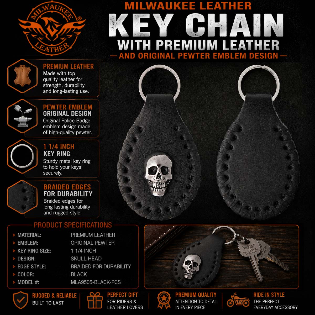 Milwaukee Leather Black Key Chain MLA9505