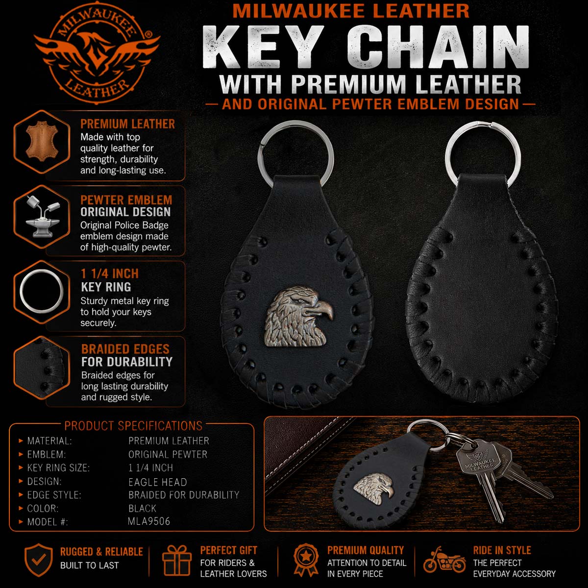 Milwaukee Leather Key Chain with Leather Original Pewter Emblem