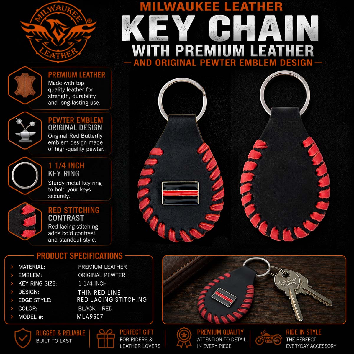 Milwaukee Leather Key Chain with Leather Original Pewter Emblem