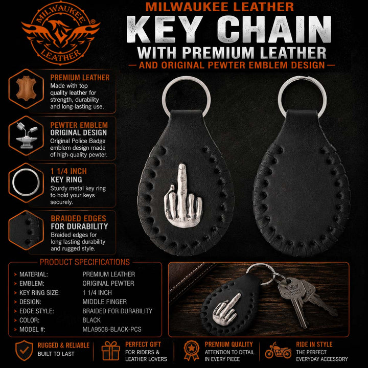 Milwaukee Leather Black Middle Finger Pewter Emblem Key Chain - MLA9508