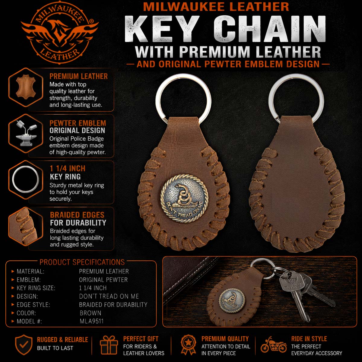 Milwaukee Leather Key Chain with Leather Original Pewter Emblem