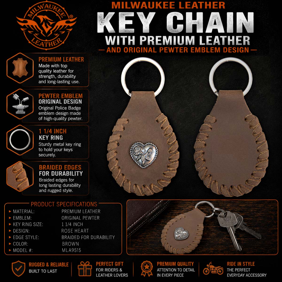 Milwaukee Leather Key Chain with Leather Original Pewter Emblem