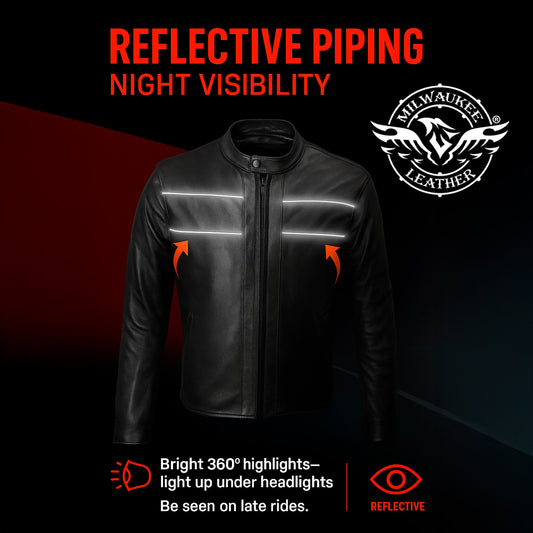 Milwaukee Leather USA MADE MLJKM5003 Men's Black Echo Premium Leather Motorcycle Jacket with Reflective Piping