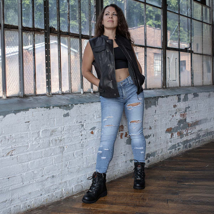 Milwaukee Leather MLL4512 Women’s Lashes Black Leather Club Style Motorcycle Rider Vest w/ Concealed Closure