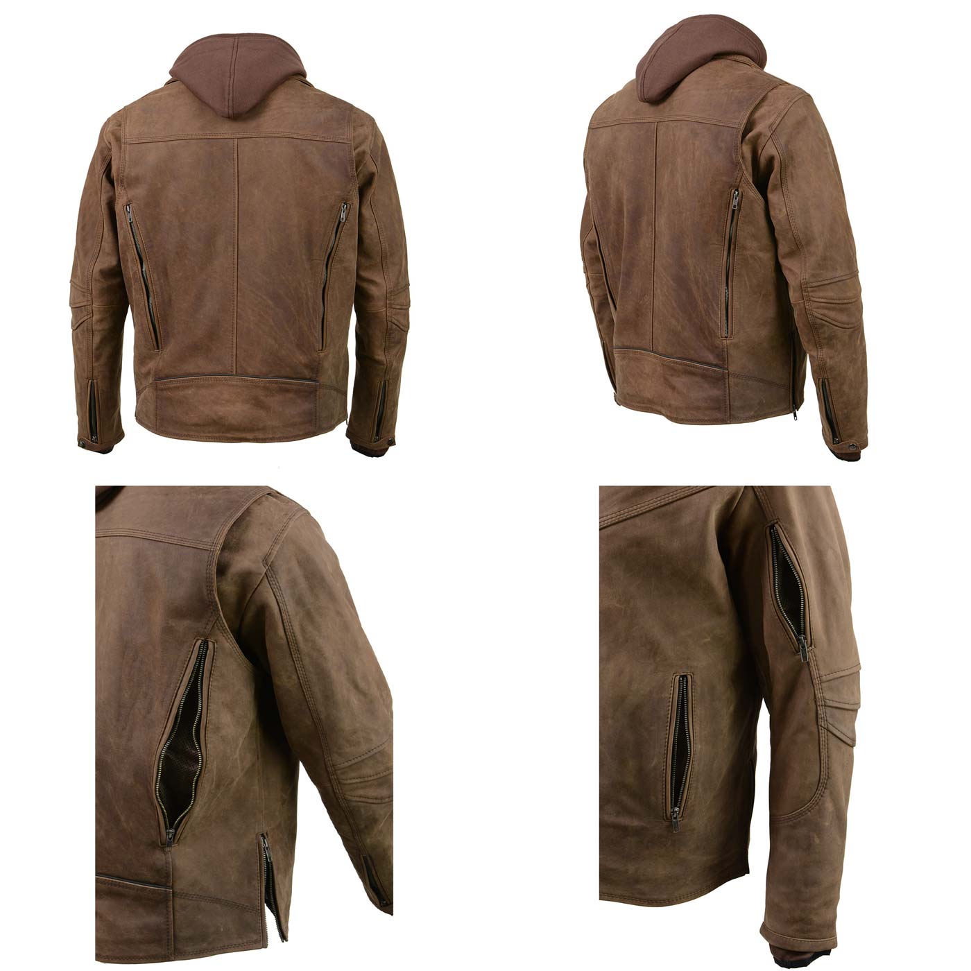 Milwaukee Leather MLM1511 Men's 'Vagabond' Vintage Crazy Horse' Brown Leather Jacket w/ Removable Hoodie