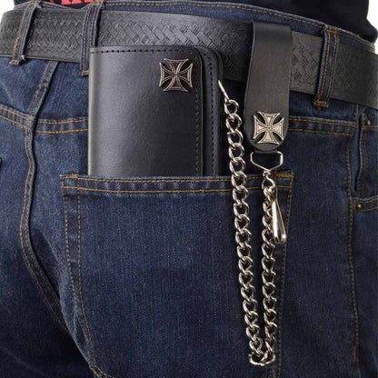 Milwaukee Leather MLW7825 Men's 6” Black Leather Bi-Fold Biker Wallet w/ Anti-Theft Stainless Steel Chain and Iron Cross Emblems