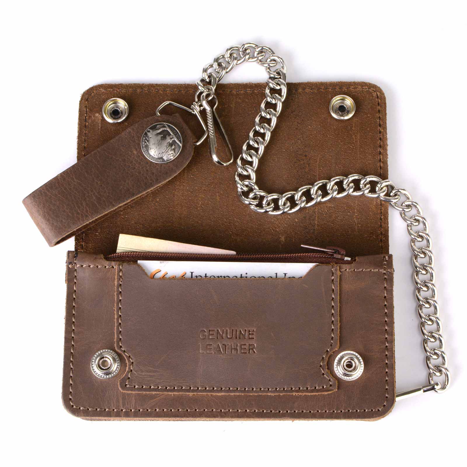 Milwaukee Leather MLW7827 Men's 6” Brown Leather Bi-Fold Biker Wallet w/ Anti-Theft Stainless Steel Chain and Buffalo Nickel Snaps