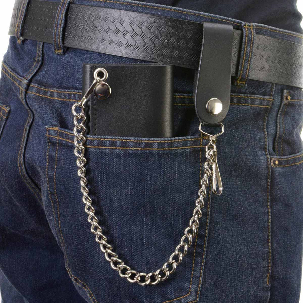 Milwaukee Leather MLW7831 Men's 4" Classic Black Plain Genuine Leather Tri-Fold Biker Wallet w/ Anti-Theft Stainless Steel Chain