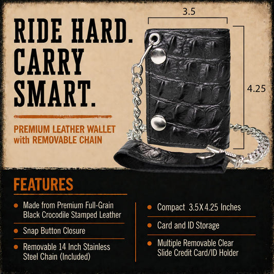 Milwaukee Leather Black Leather Crocodile-Stamped Tri-Fold Wallet, MLW7842