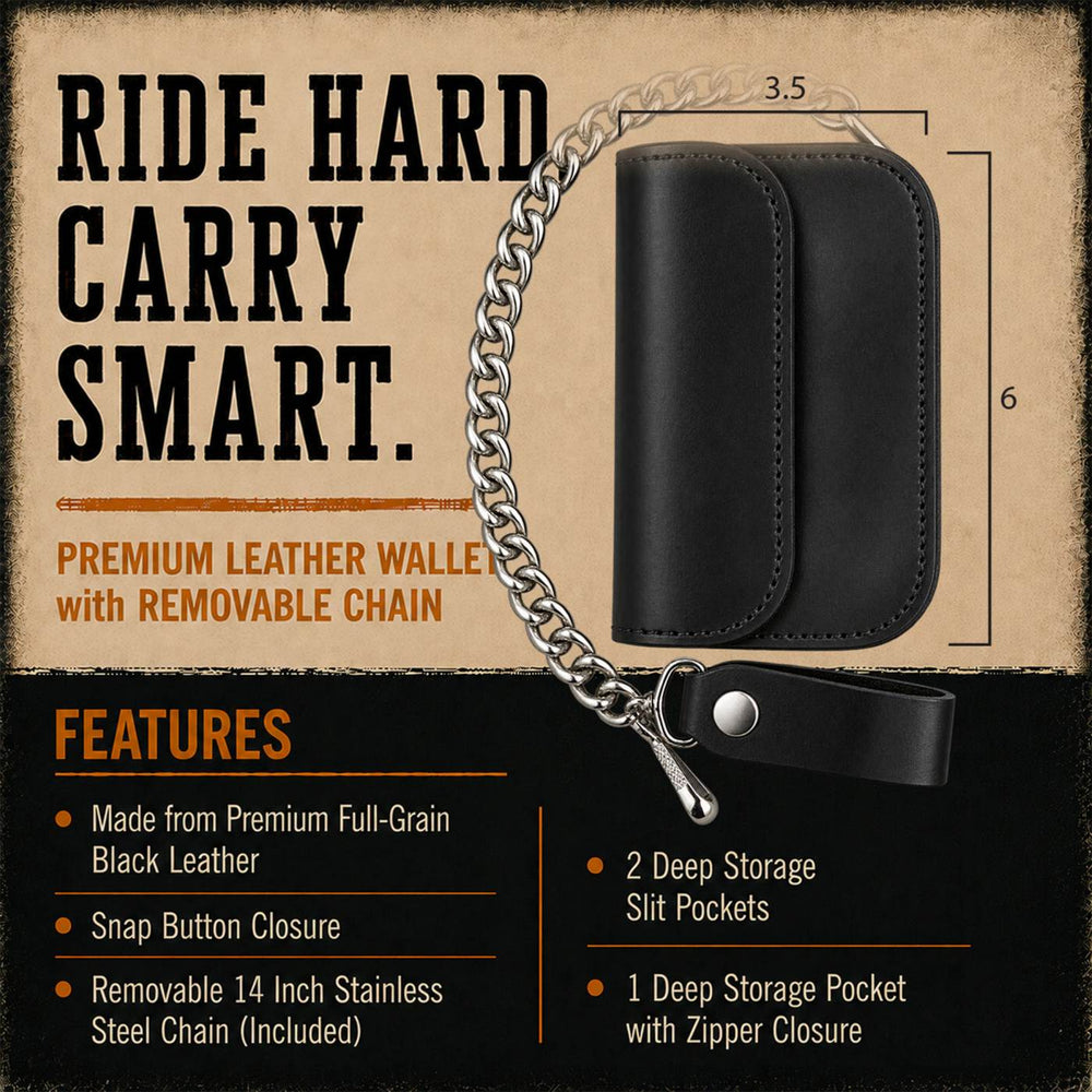 Milwaukee Leather Black Full-Grain Leather Biker Flap Chain Wallet, MLW7843