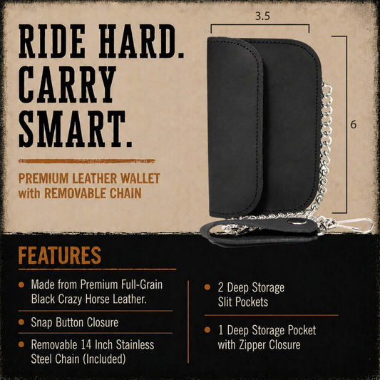 Milwaukee Leather Black Crazy Horse Leather Biker Flap Wallet, MLW7844