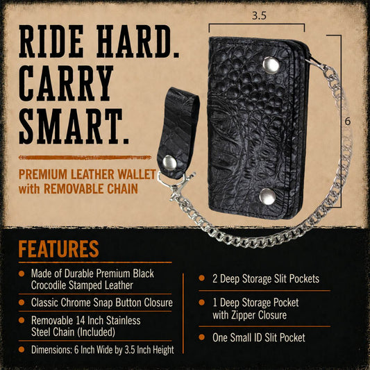 Milwaukee Leather Black Crocodile-Stamped Leather Biker Wallet, MLW7847