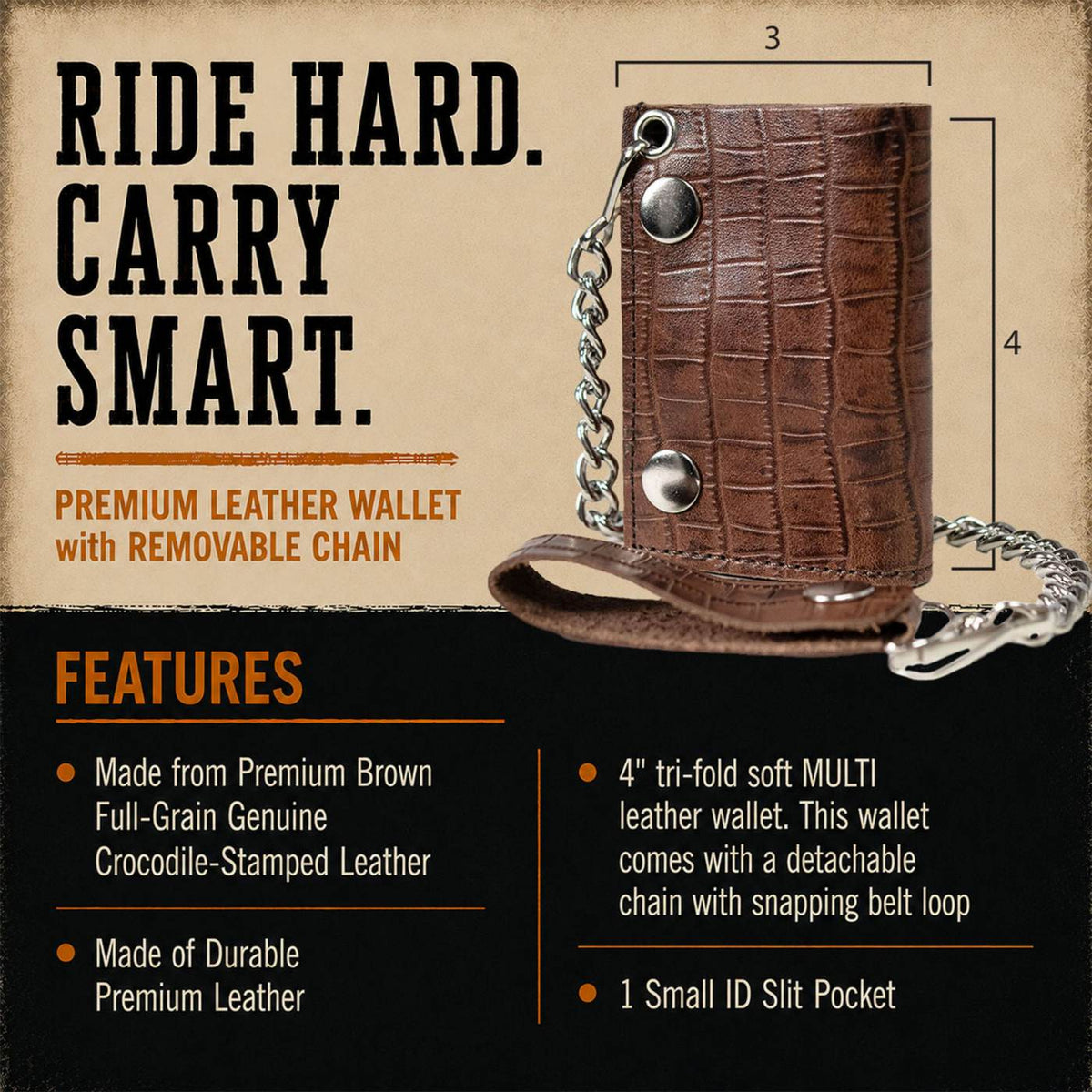 Milwaukee Leather Brown Leather Crocodile-Stamped Tri-Fold Wallet, MLW7849