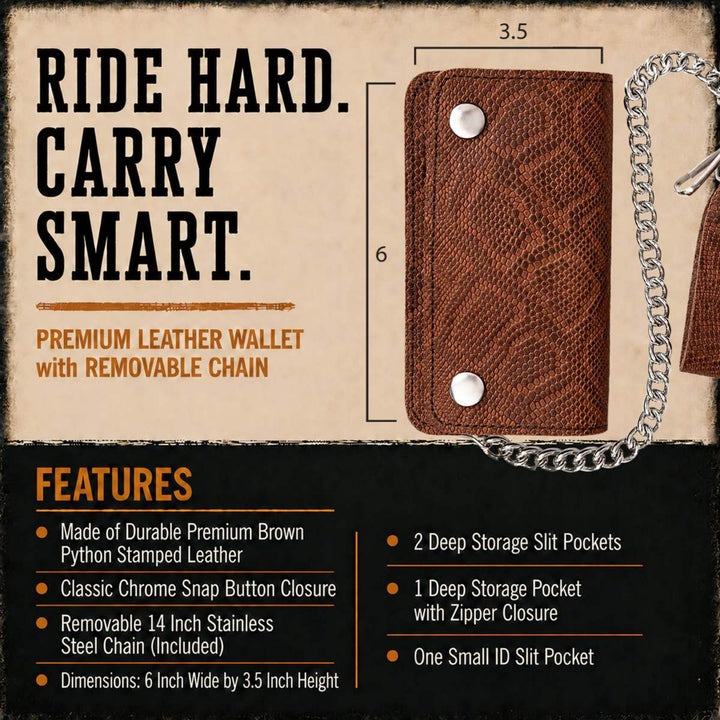 Milwaukee Leather Brown Python-Stamped Biker Flap Chain Wallet, MLW7851