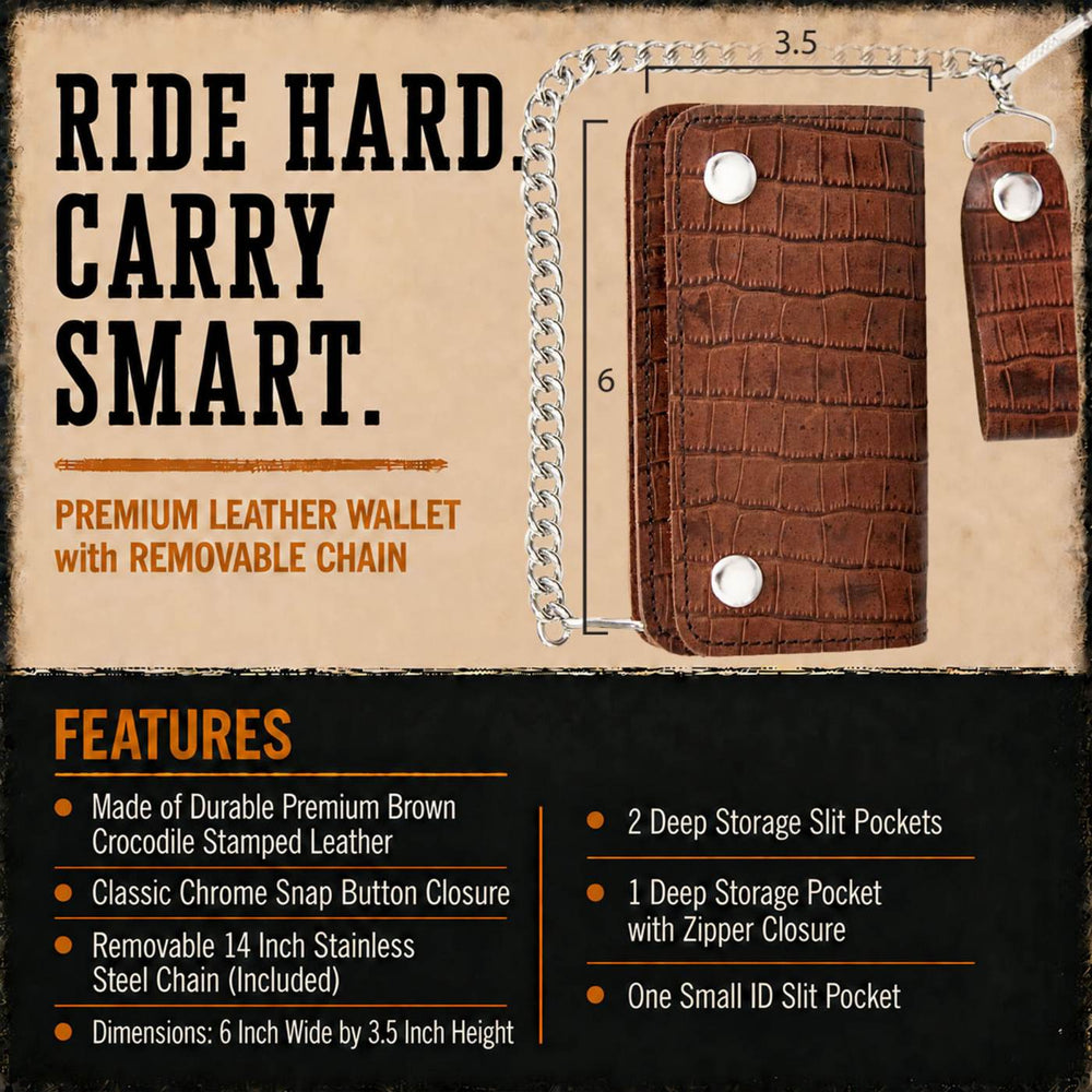 Milwaukee Leather Brown Crocodile-Stamped Biker Flap Chain Wallet, MLW7852
