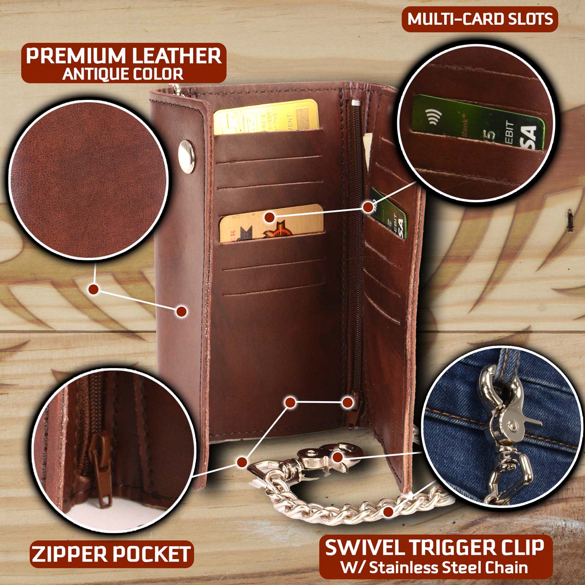 Milwaukee Leather Men's 7-Inch Antique Brown Leather Tri-Fold