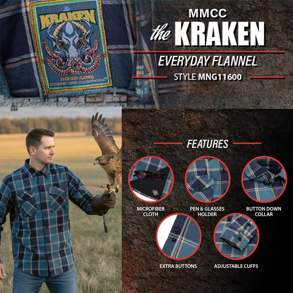 MMCC The Kraken Men's Blue Teal Orange Plaid Flannel Shirt - 100% Cotton Long Sleeve Button-Up - MMC11600