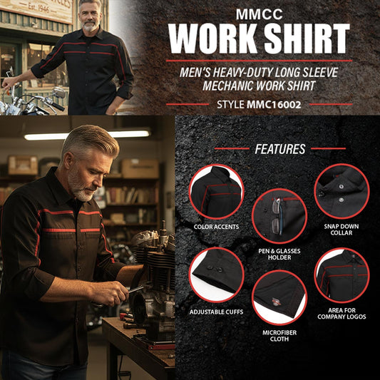 MMCC Men's Octane Long Sleeve Mechanic Shirt - Black with Red Stripe - 50-50 Cotton Poly - MMCC16002