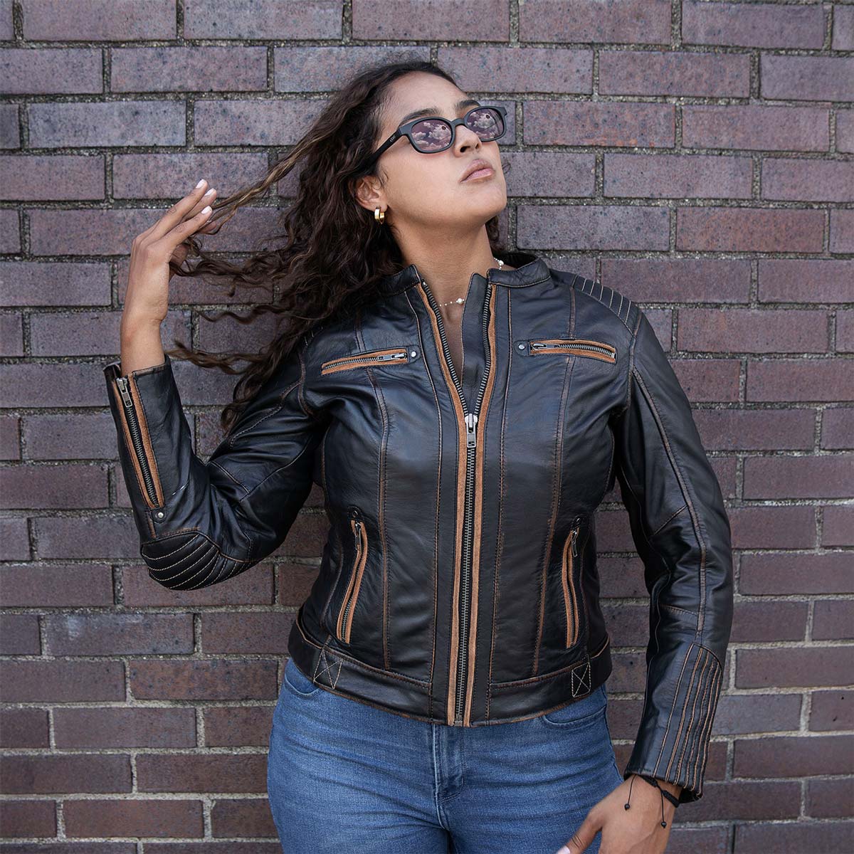 Milwaukee Motorcycle Clothing Co. Women’s Rebel Scooter Style Vinage Brown Leather Jacket w/ Mandarin Collar MMC20003
