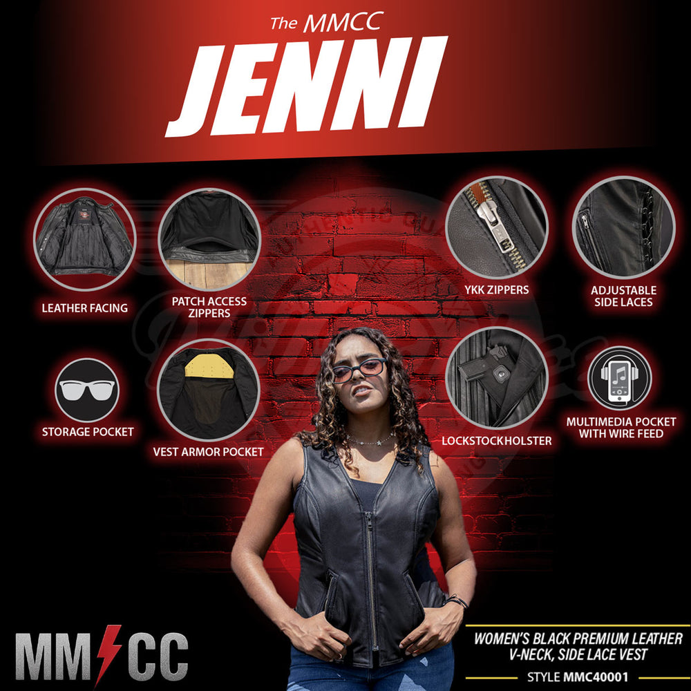 Milwaukee Motorcycle Clothing Co. Women's Jenni Black Premium Leather V-Neck Side Lace Vest MMC40001