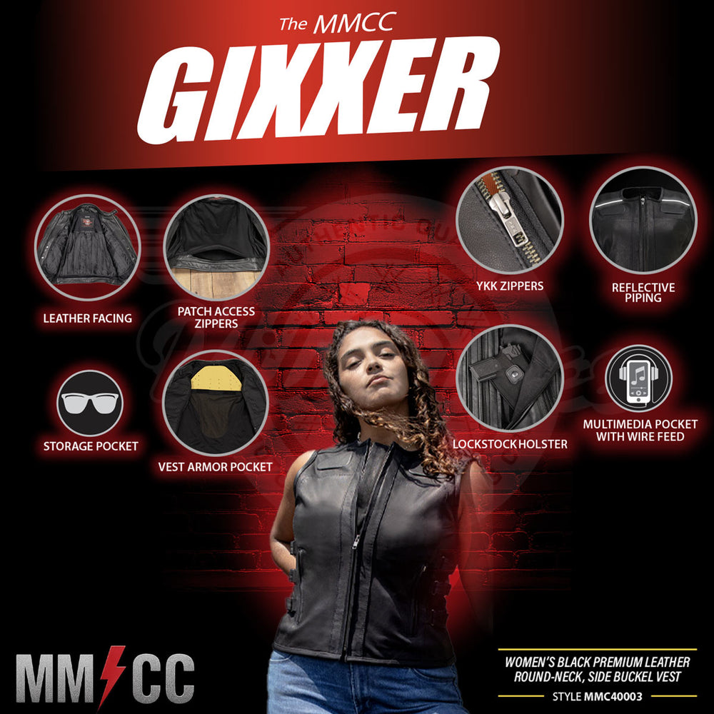 Milwaukee Motorcycle Clothing Co. Women's Gixxer Black Premium Leather Vest w/ Round Neck Side Buckle MMC40003