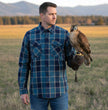 MMCC The Kraken Men's Blue Teal Orange Plaid Flannel Shirt - 100% Cotton Long Sleeve Button-Up - MMC11600