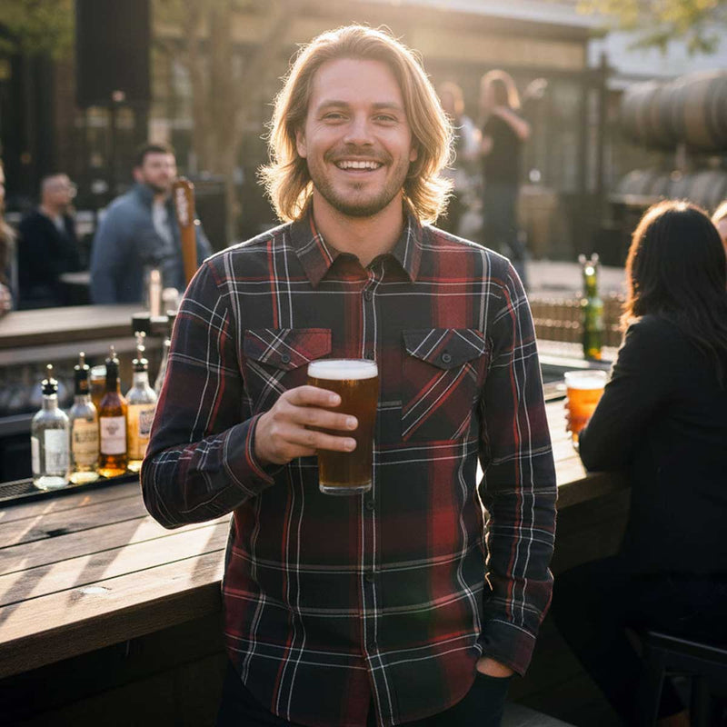 MMCC Scorpion Men's Red Black White Plaid Flannel Shirt - 100% Cotton Long Sleeve Button-Up - MMC11601