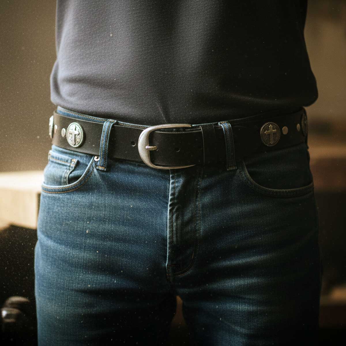 Milwaukee Leather Men's Black Cross Circle Leather Belt, MP7108