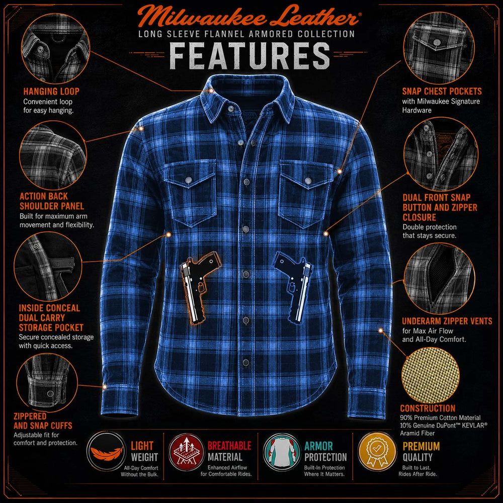 Milwaukee Leather MPM1650 Men's Plaid Flannel Biker Shirt with CE Approved Armor - Reinforced w/ Aramid Fiber